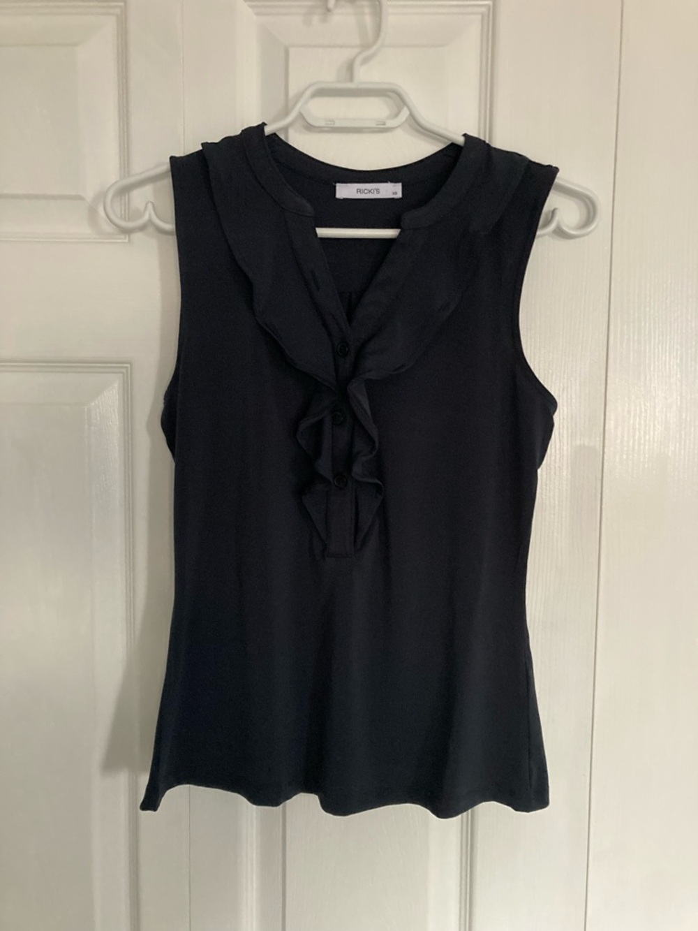 Sleeveless Ruffled V-Neck Top in navy